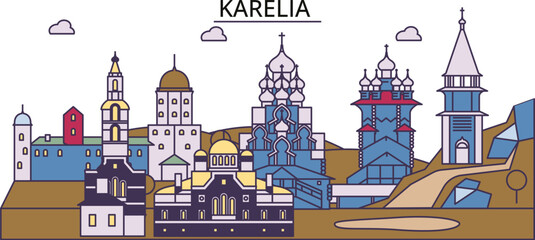Russia, Karelia tourism landmarks, vector city travel illustration - obrazy, fototapety, plakaty