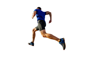 athlete runner in blue shirt and black tights running mountain, cut silhouette on transparent...