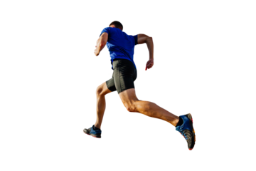 athlete runner in blue shirt and black tights running mountain, cut silhouette on transparent background, sports photo