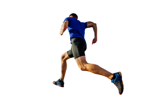 athlete runner in blue shirt and black tights running mountain, cut silhouette on transparent background, sports photo