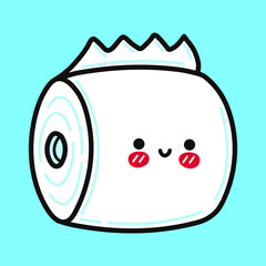 Cute funny toilet paper. Vector hand drawn cartoon kawaii character illustration icon. Isolated on blue background. Toilet paper character concept