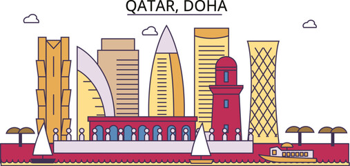 Qatar, Doha tourism landmarks, vector city travel illustration