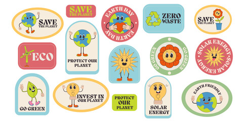 Save the planet sticker, label set in trendy groovy style. Earth Day. Funny earth character and mascot. Eco friendly conception.