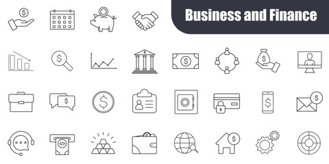 Big set of 28 Business icons. Business and Finance web icons. Vector business and finance editable stroke line icon set with money, bank, check, law, auction, exchance, payment. 