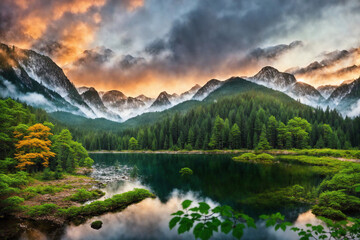Fototapeta na wymiar Majestic Scenery: A Painting of a Mountain Lake at Sunset