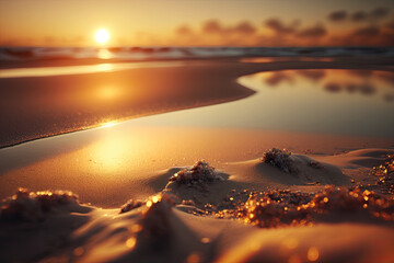 Closeup sea sand beach. Panoramic beach landscape. Orange and golden sunset sky calmness tranquil relaxing sunlight summer mood. - holiday, travel, tourism, adventure, wanderlust, tropical, paradise. 