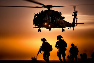 Fototapeta na wymiar soldiers with helicopters, generative ai