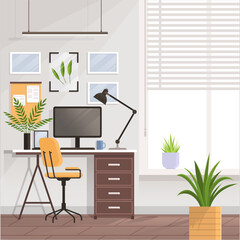Workspace. Online or home job workplace. Work place room, modern interior, cabinet. Work at home. Office with computer and various decorative items books and plants. Desktop computer monitor