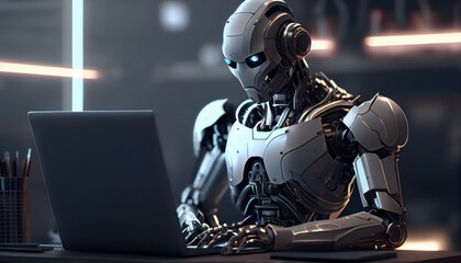 Self educating artificial intelligence. Machine learning and future concept. Robot studying, writing code and working on laptop. AI and Neural network development. Robots work instead of people. 