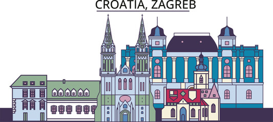 Croatia, Zagreb tourism landmarks, vector city travel illustration - obrazy, fototapety, plakaty