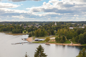 Fototapeta premium Aerial view over the Aluksne city, lake Aluksne and island, Latvia.