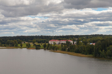 Obraz premium Aerial view over the Aluksne city, lake Aluksne and island, Latvia.