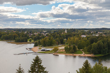 Fototapeta premium Aerial view over the Aluksne city, lake Aluksne and island, Latvia.