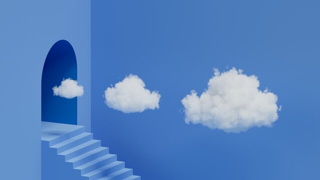 3d rendering, abstract minimalist blue background with stairs and the row of three white clouds flying out the tunnel