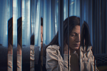 Digital composite of pensive woman sitting at home