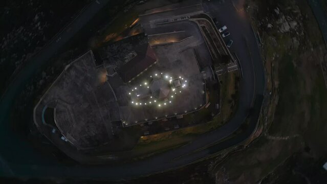 4k drone footage over Santuario da Senhora da Gra&ccedil;a at Mondim de Basto, Portugal, at sunset, above the clouds