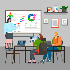 Female speaker points to presentation on board during business seminar. Office worker showing report on whiteboard with pointer. Business people marketing team analyze and research graph and chart