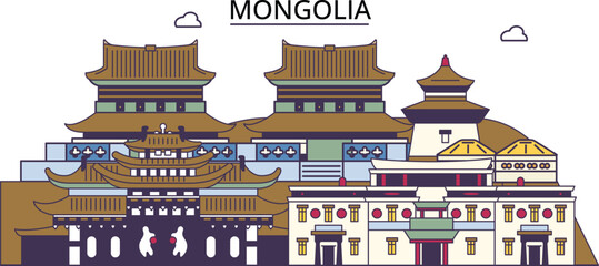 Mongolia tourism landmarks, vector city travel illustration