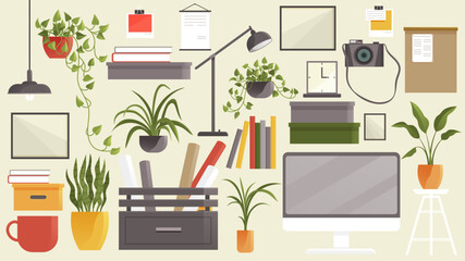 Flat modern design vector interior items set concept of creative office room interior workspace, workplace. Icon collection stylish colors business work flow items elements, things, equipment, objects