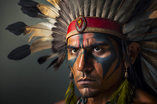 Native portrait of Americans Indian man from tribe, with painted face stern look feather headdress. Generative AI