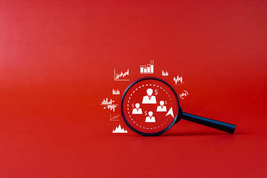 Financial investment magnifying glass, money saving bank and human resources, crm, stock data mining, appraisal center and social media concept stock trader - staff looking staff represented by icons.