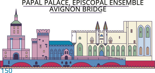 France,Papal Palace, Episcopal Ensemble Avignon Bridge tourism landmarks, vector city travel illustration
