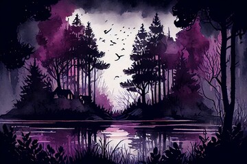 Watercolor Illustration of a A Magical, Dark Purple Forest Surrounding A Serene Lake. Generative AI
