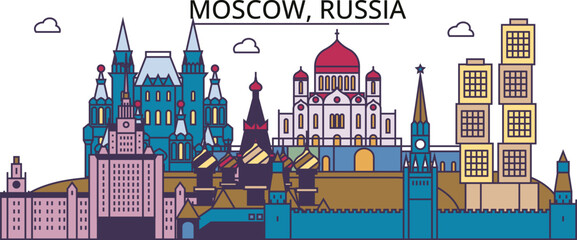 Russia, Moscow tourism landmarks, vector city travel illustration
