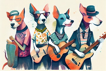 Watercolor Illustration of a Abstract Funky Dogs Music Band Illustration, Fashionable, Retro Pop And Coroful Pattern, Anthropomorphic Animal. Generative AI