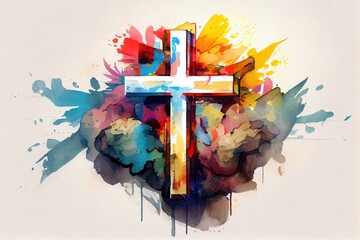 Watercolor Illustration of a Abstract Art. Colorful Painting Art Of The Cross. Jesus Christ. Christian Illustration. Generative AI