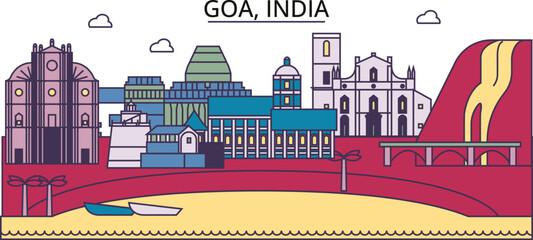 India, Goa tourism landmarks, vector city travel illustration - obrazy, fototapety, plakaty