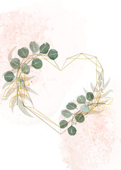 Romantic vector frame for text. Botanical composition with leaves and golden line art heart decoration. Design illustration for postcard,  cover template, banner.