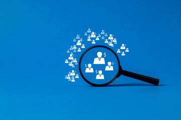 Magnifying glass searching for human resources, crm, data mining, assessment center and social...
