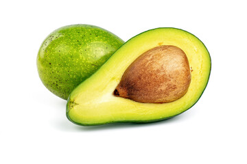 Whole avocado and half avocado isolated on white background.