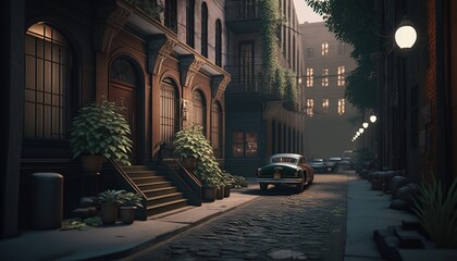 A mysterious of noir-style city alley background. Generative AI.