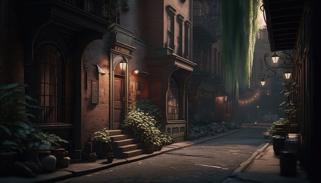 A mysterious of noir-style city alley background. Generative AI.