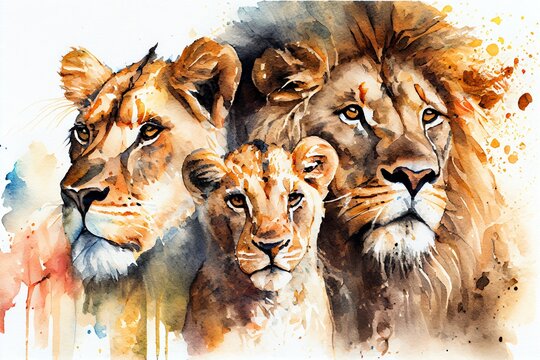 Watercolor Illustration of a Close Up Of A Lion Family. Generative AI