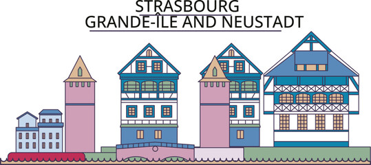 France, Strasbourg City tourism landmarks, vector city travel illustration - obrazy, fototapety, plakaty
