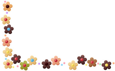 カラフルなお花のクッキーのL字フレーム小 コピースペース有 白背景 イラスト素材 色違い・差分あり