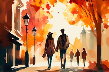 Watercolor Illustration of a Downtown Autumn Stroll Down City Street Fall Colors Silhouette. Generative AI