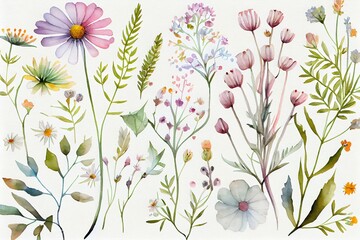 Watercolor Illustration of a Delicate Wildflowers And Herbs Pattern, Ideal For Spring Backgrounds. Generative AI