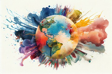 Watercolor Illustration of an Explosion Of Color, planet earth. Generative AI