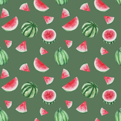 Watercolor seamless pattern. Hand painted illustration of green, red watermelon with black seeds cut in half, sliced. Summer fruit, sweet berry. Print on green background for fabric textile, packaging