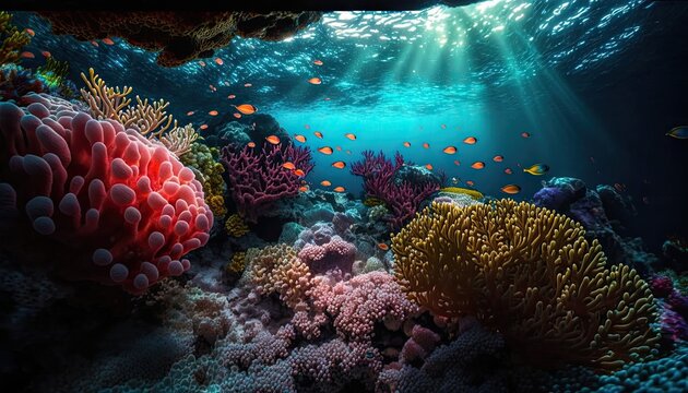 Underwater seafloor scenery filled with coral reefs. Generative AI