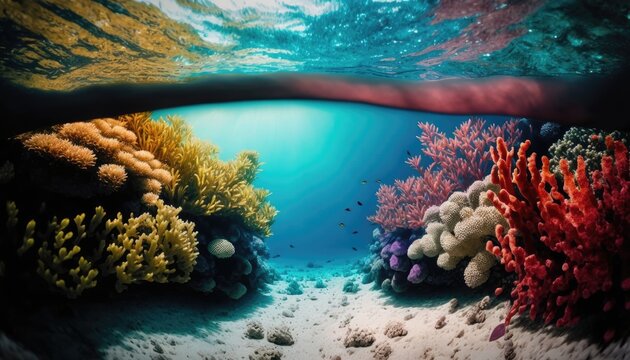 Underwater seafloor scenery filled with coral reefs. Generative AI