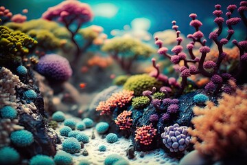 Underwater seafloor scenery filled with coral reefs. Generative AI