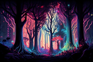 Watercolor Illustration of a Fantasy Of Neon Forest Glowing Colorful Like Fairytale. ( Technology). Generative AI