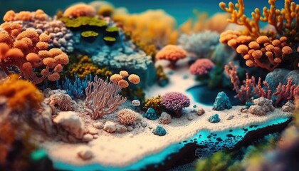 Underwater seafloor scenery filled with coral reefs. Generative AI