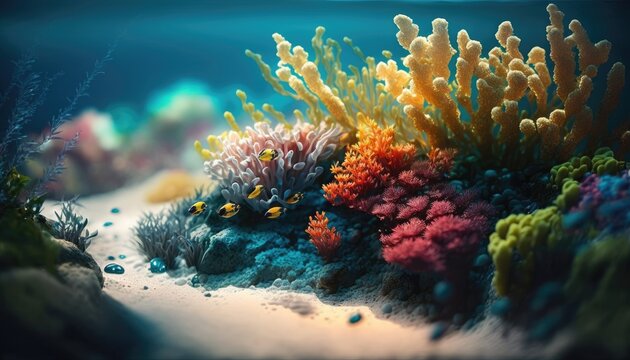 Underwater seafloor scenery filled with coral reefs. Generative AI