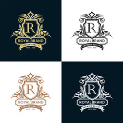 Naklejka premium Heraldic luxury royal letter R logo.